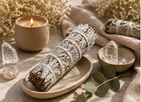 Hvid salvie til energirensning og smudging med krystaller og stearinlys