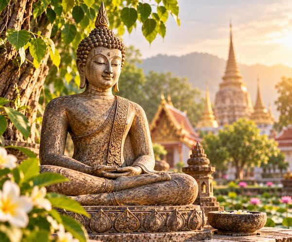 Buddha-statue i meditationsstilling i en thailandsk tempelhave