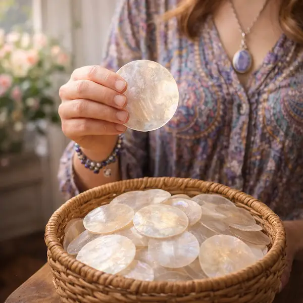 Kvinde holder capiz skal i hånden over kurv med capiz skaller – naturlig og spirituel stemning