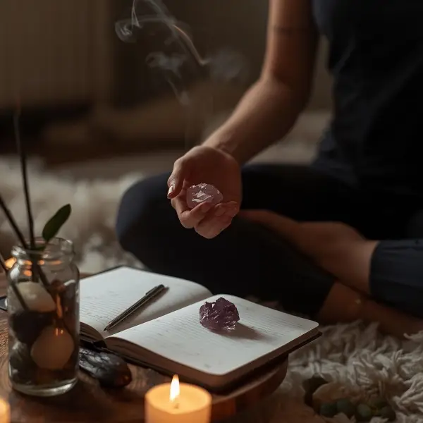 Person sidder i meditation med lukkede jne og holder en krystal, omgivet af brndende rgelse, dagbog, taknemmelighedsliste og naturlige elementer, der skaber et dagligt spirituelt ritual.