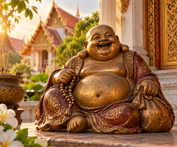 Den glade Buddha Budai med stor mave og smil i et tempelmilj&oslash;