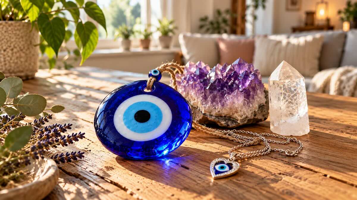 Et naturligt og fotorealistisk billede af en traditionel bl� Nazar-amulet af glas, der ligger p� et lyst egetr�sbord i bl�dt sollys ved siden af en lilla ametystklase, en bjergkrystal og en fin s�lvhalsk�de med et hjerteformet tyrkisk �je.