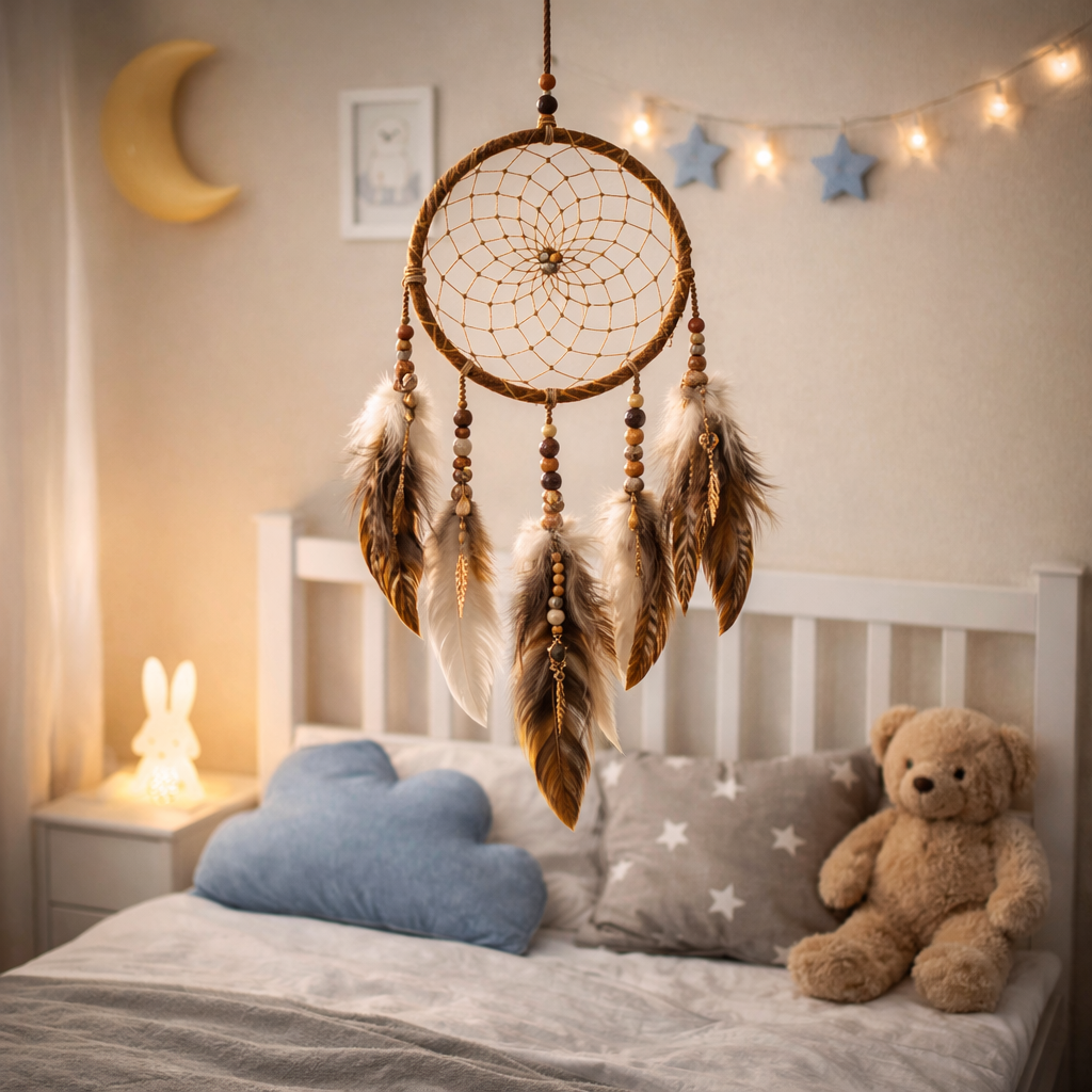 Traditionel dr&oslash;mmefanger der h&aelig;nger over en seng i et b&oslash;rnev&aelig;relse og beskytter mod d&aring;rlige dr&oslash;mme