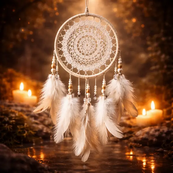 dr�mmefanger som spirituelt symbol med lys, fjer og beskyttende energi