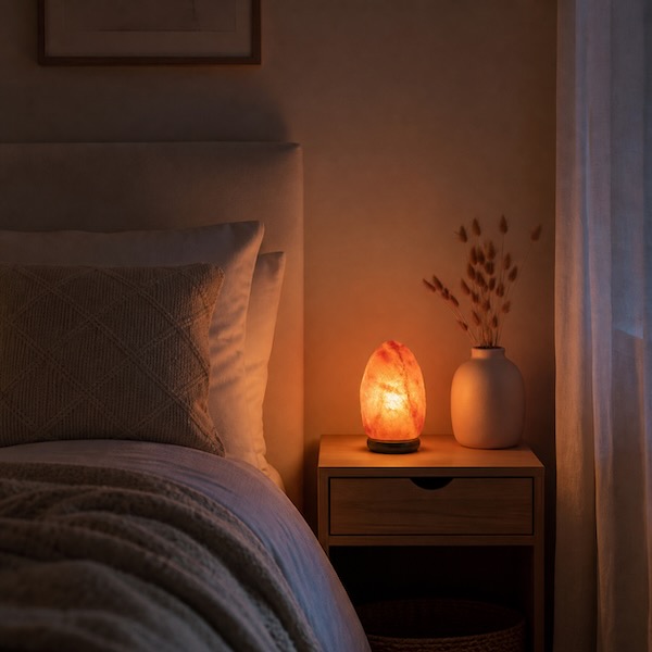 Himalaya saltlampe i sovev&aelig;relse med varm hyggelig belysning og rolig atmosf&aelig;re