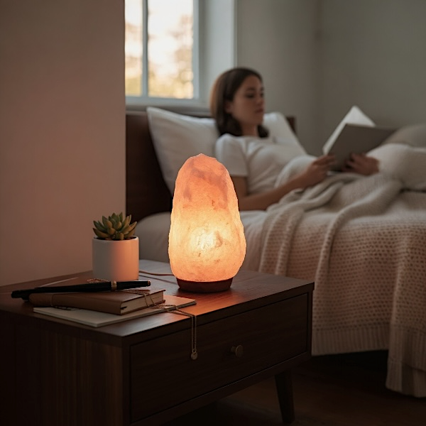 Billede af en Himalaya saltlampe p trfod med varm, dmpet gld.