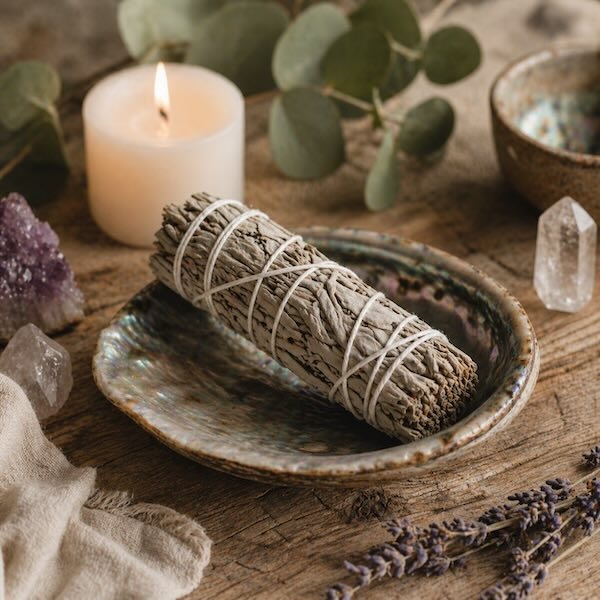 Hvid salvie til rensning af energi og hjem med krystaller og stearinlys