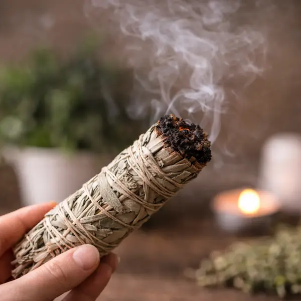 Hvid salvie smudge stick i h&aring;nd med r&oslash;g &ndash; brug af salvie til renselse af energi og hjem