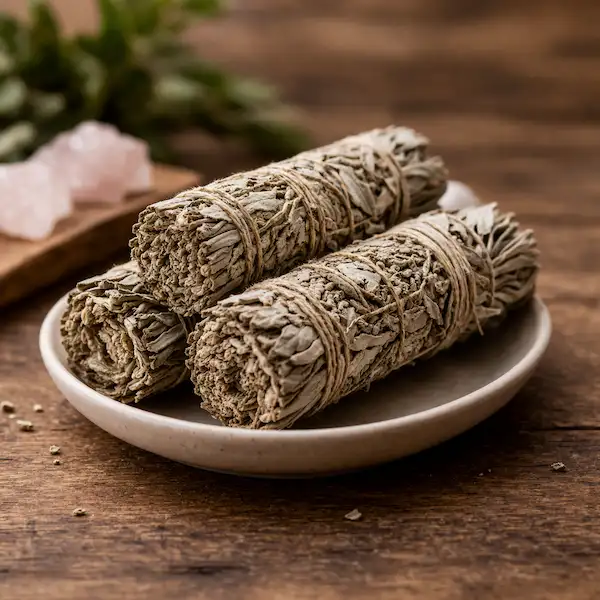 Hvid salvie bundter i keramisk sk&aring;l &ndash; smudge sticks til energirensning og spirituel balance