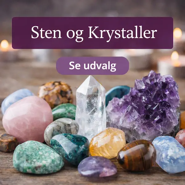Udvalg af sten og krystaller i forskellige former og farver til ro, balance og energi
