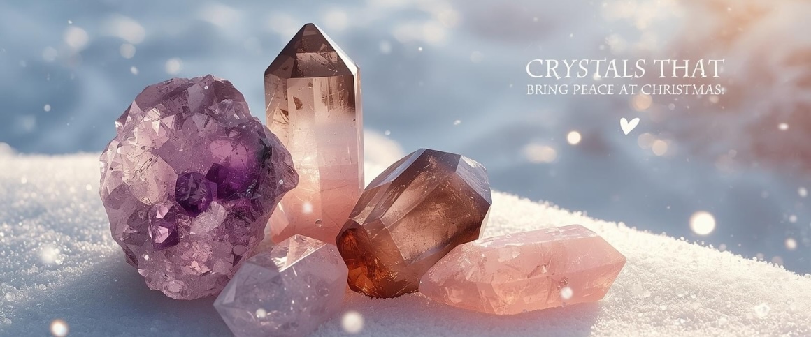 Krystaller der bringer ro i juletiden  naturtro ametyst, rgkvarts, grn aventurin, lepidolit og rosenkvarts arrangeret p roligt vinterbaggrund med blde lys- og varme toner for indre ro og meditation