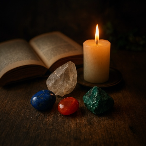 Stemningsfuldt billede af lapis lazuli, karneol og malakit ved et tndt lys p et gammelt trbord.