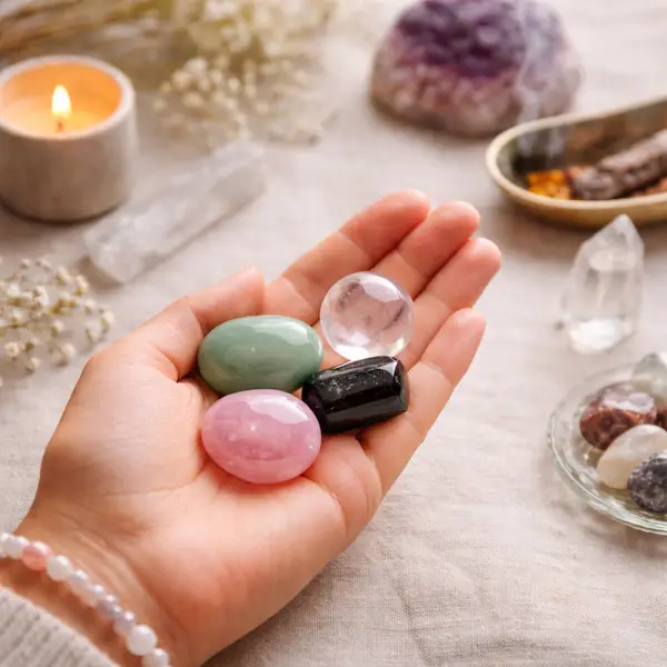 Krystaller i h&aring;nden med gr&oslash;n aventurin, sort turmalin og bjergkrystal til ro, energi og balance