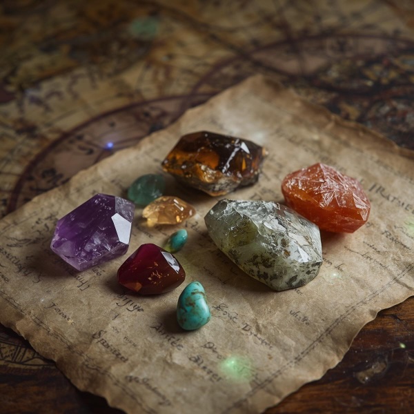 Et billede af krystaller der ligger p et gammelt kort