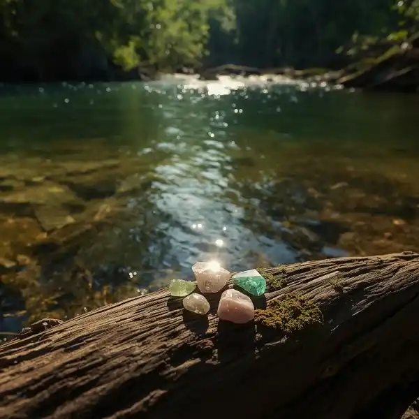 Naturritual ved flod med bjergkrystal, grøn aventurin og rosenkvarts, der fremmer jordforbindelse og meditation i naturen.