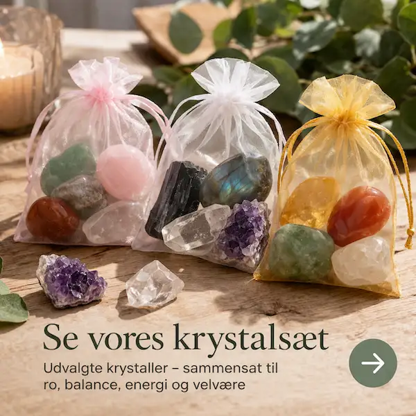 Krystals�t med sten og krystaller i sm� poser til ro, balance og energi