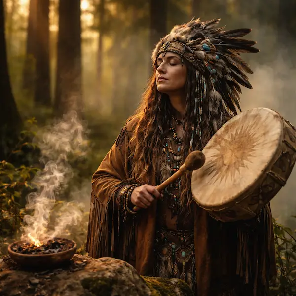 Kvindelig shaman i naturen med ceremoniel tromme og fjerprydelse under spirituel ceremoni