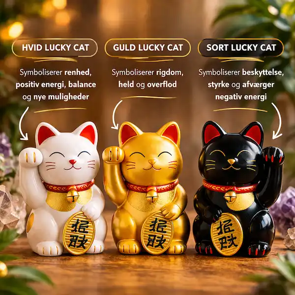 Tre Lucky Cat Maneki Neko figurer i hvid, guld og sort med betydning � symboliserer renhed, velstand, beskyttelse og positiv energi