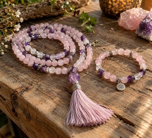 Malakæde med 108 perler og mala-armbånd med rosenkvarts og ametyst