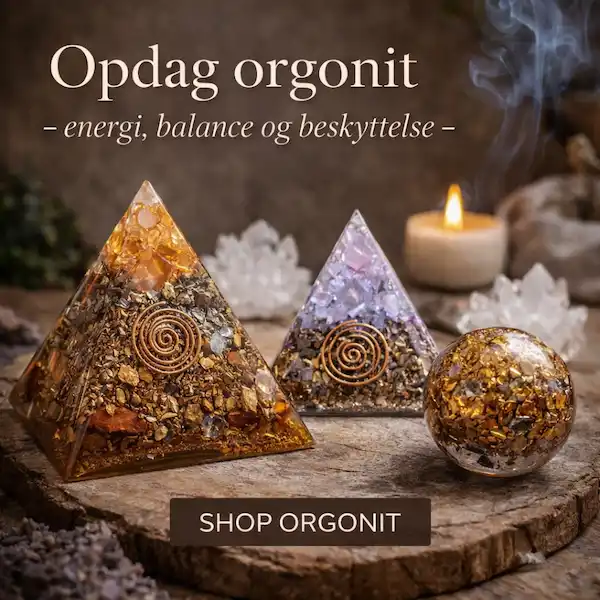 Orgonit pyramider og kugle med krystaller og kobber til energirensning, beskyttelse og balance i hjemmet