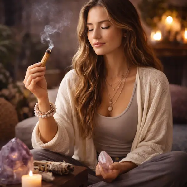 Kvinde med Palo Santo r&oslash;gelse til energirensning og meditation i hjemmet