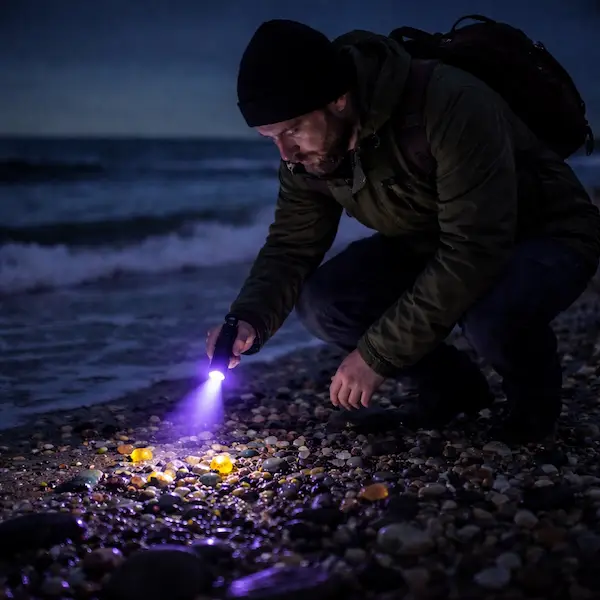 Ravjagt p&aring; strand med UV-lys &ndash; sm&aring; ravstykker lyser op i m&oslash;rket