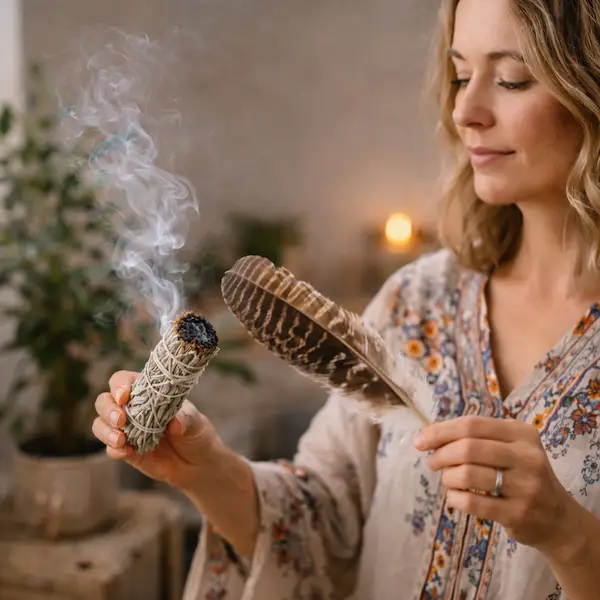 Kvinde renser sit hjem med hvid salvie og fjer til at fordele r&oslash;gen i spirituel praksis