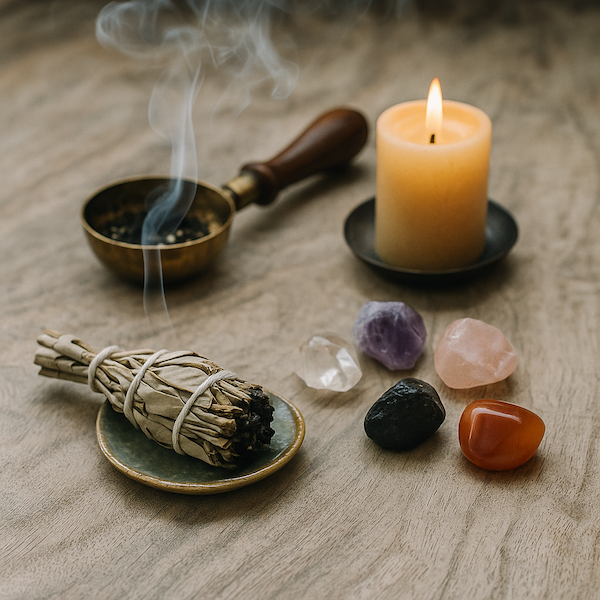 Ritualscene med r�gelse, krystaller og t�ndt stearinlys til energirensning.