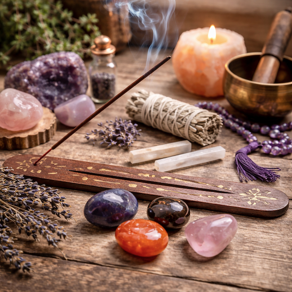 forskellige sten og krystaller der ligger p� et alter med r�gelse