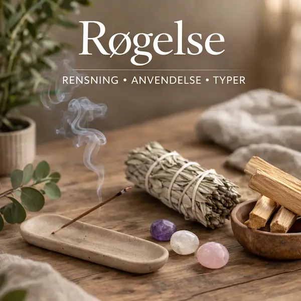 R&oslash;gelse til rensning med hvid salvie, palo santo og naturlige krystaller i rolig atmosf&aelig;re