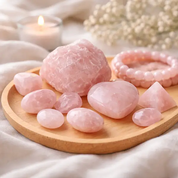 Smukke rosenkvarts krystaller med bl&oslash;d lyser&oslash;d farve, kendt som k&aelig;rlighedens sten.