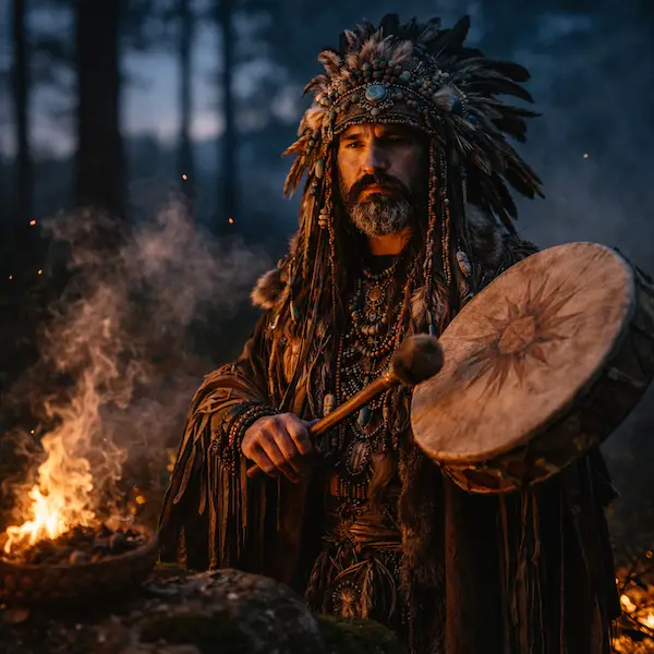 Shaman med ceremoniel tromme og fjer ved et b�l i skoven under shamanistisk ritual