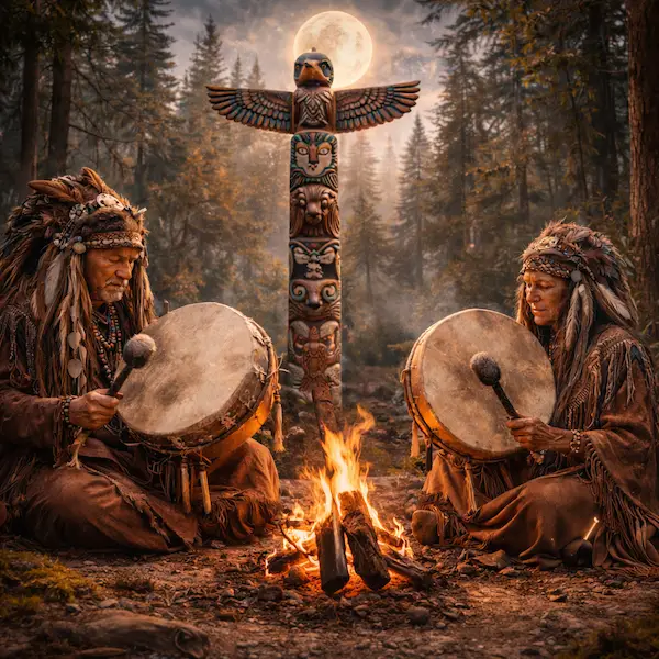 Shamaner der sidder omkring et b&aring;l og spiller p&aring; trommer foran en totemp&aelig;l som symbol p&aring; totemdyr og spirituel ceremoni