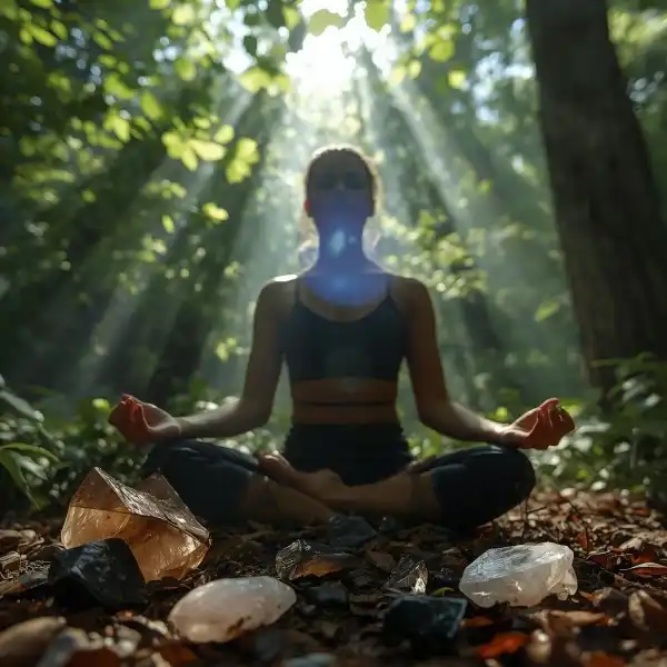 Person mediterer barfodet i skov omgivet af røgkvarts, sort turmalin og rosenkvarts for jordforbindelse og naturbaseret spiritualitet.
