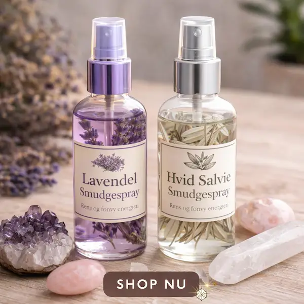 Smudgespray og rumspray med krystaller til energirensning og balance i hjemmet
