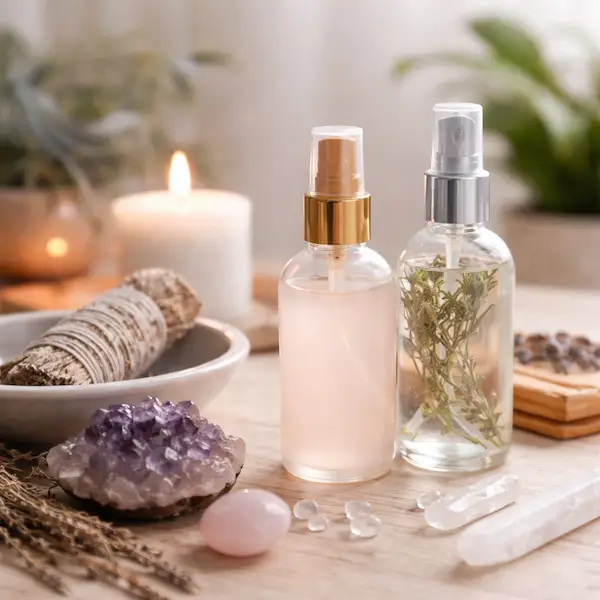 Smudgespray og rumspray med krystaller og salvie til energirensning og ro i hjemmet