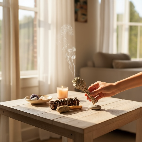 Hnd, der holder hvid salvie, med bl salvie, palo santo og yerba buena rgelsesbundt p bordet til energirenselse og balance