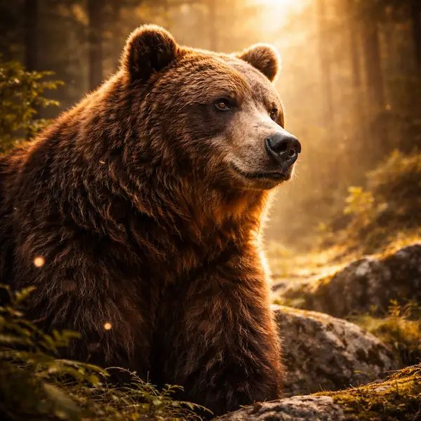 Brun bj�rn i skoven som symbol p� styrke, beskyttelse og indre kraft