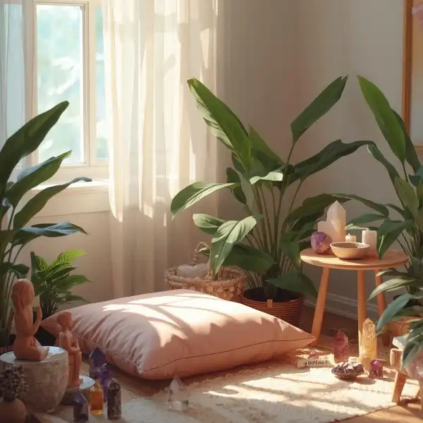 Et billede af et spirituelt hjrne i en bolig fyldt med planter og krystaller