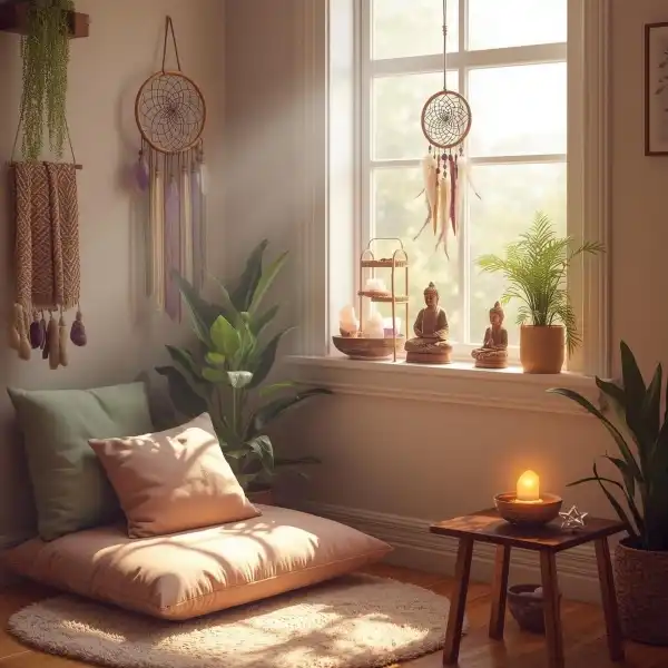 Et billede af et spirituelt hjrne i en bolig fyldt med planter, krystaller, drmmefangere og buddhaer