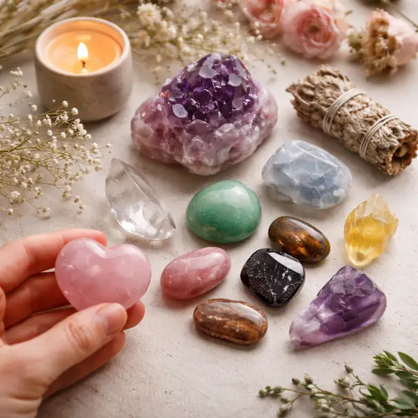 Sten og krystaller til ro, energi og balance med rosenkvarts, ametyst og andre &aelig;gte krystaller