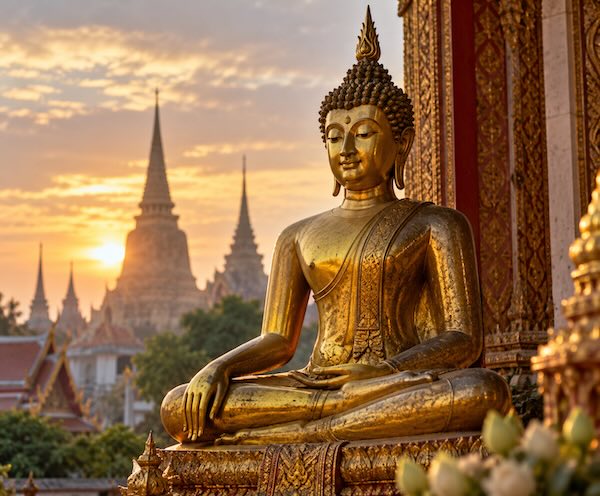 Traditionel gylden Buddha-statue i thailandsk tempel ved solnedgang