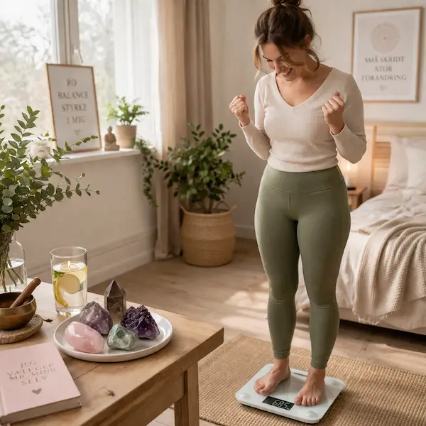 Kvinde der vejer sig med fokus p&aring; v&aelig;gttab, selvk&aelig;rlighed og balance omgivet af krystaller