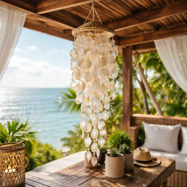 Vindspil med capiz skaller hænger på overdækket terrasse med udsigt over havet i sollys