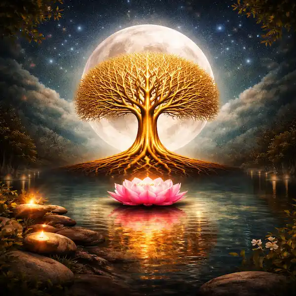 livets tr� symbol med m�ne og lotus spirituel betydning v�kst balance energi