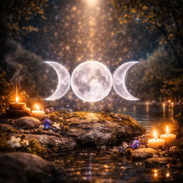 triple moon symbol gudinde m�nefaser feminin energi spirituel betydning