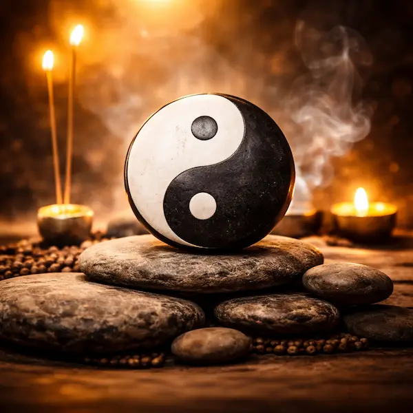 yin yang symbol p� sten med stearinlys og r�g spirituel balance energi meditation