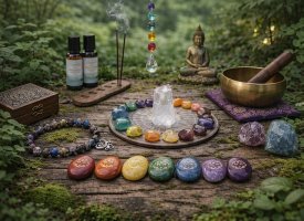 7 chakra produkter med krystaller, r�gelse og lydsk�l arrangeret i rolige naturlige omgivelser
