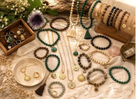 Spirituelle smykker med krystalarmb�nd, halsk�der, ringe og natursten arrangeret i varm og naturlig boheme stemning.