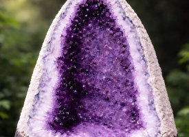 Ametyst grotte i naturen &ndash; �gte lilla krystaller med r� hvid kant og gr�n baggrund